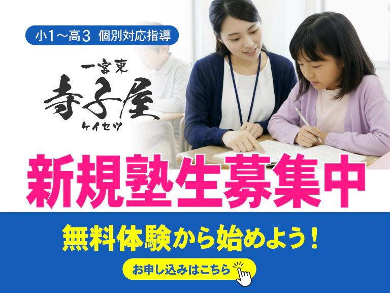 新規生徒募集中　小１から高３までの個別指導塾　寺子屋ケイセツ一宮東校