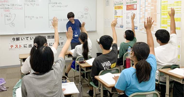 ホワイトボードの前で講師が生徒たちと授業をしている様子。多くの生徒が手を挙げている。